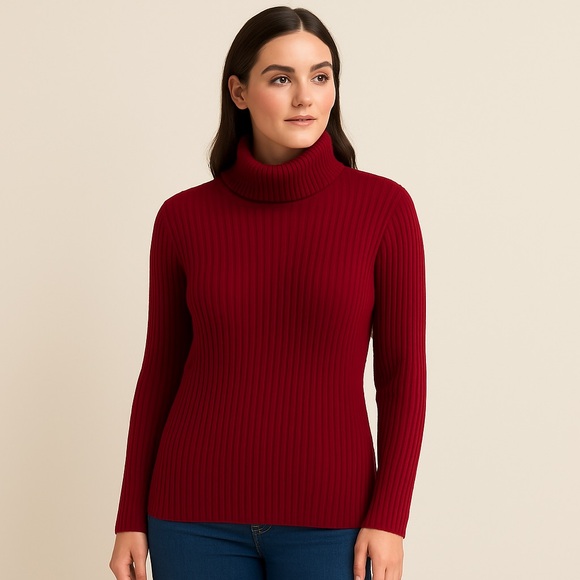 Chico’s Silk Cashmere Ribbed Turtleneck Sweater | Red | Size 2 (Large) - Picture 1 of 3